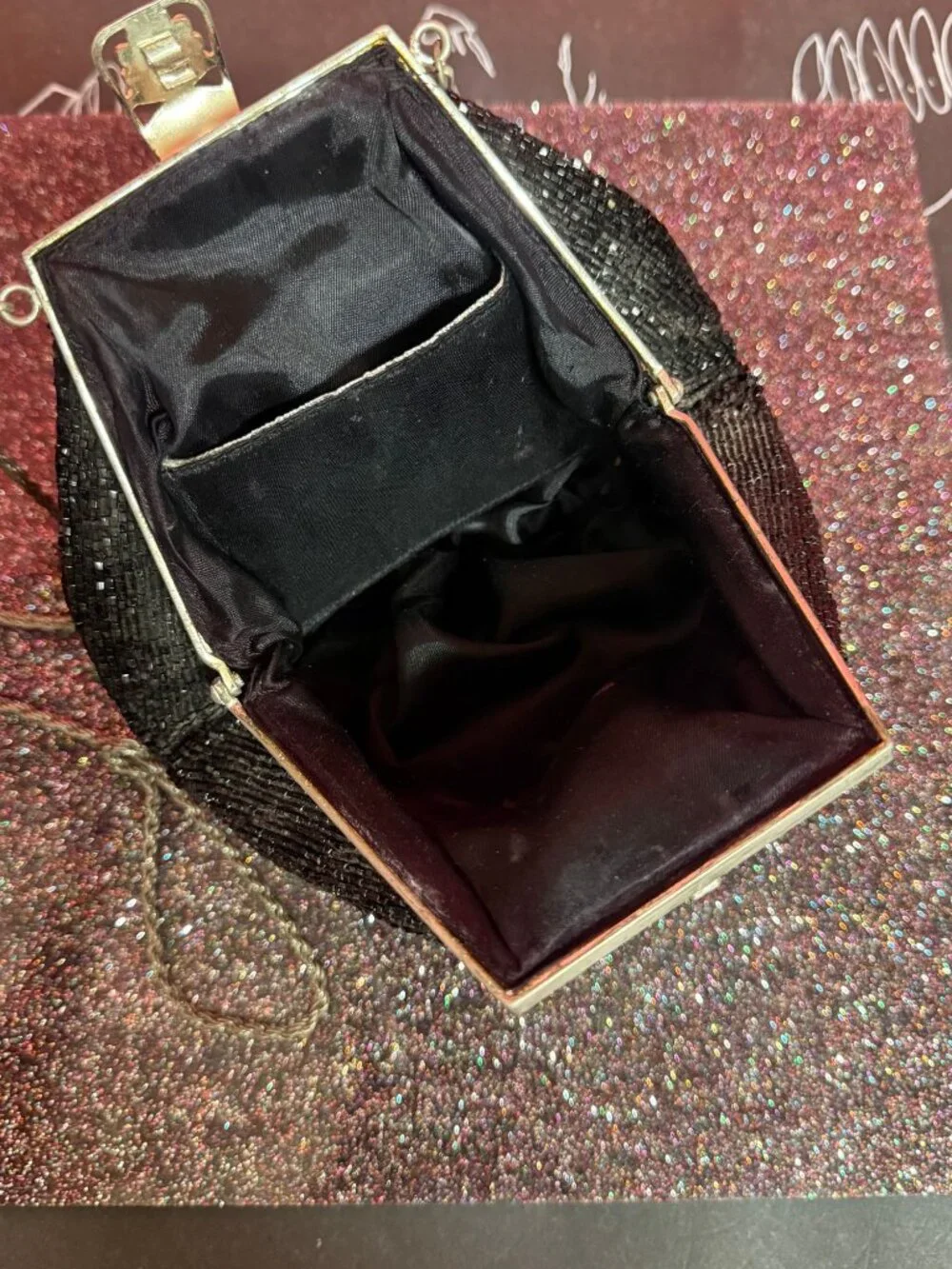 Vintage 1940s 50s Hand Beaded Evening Bag | Black Bugle Bead Purse